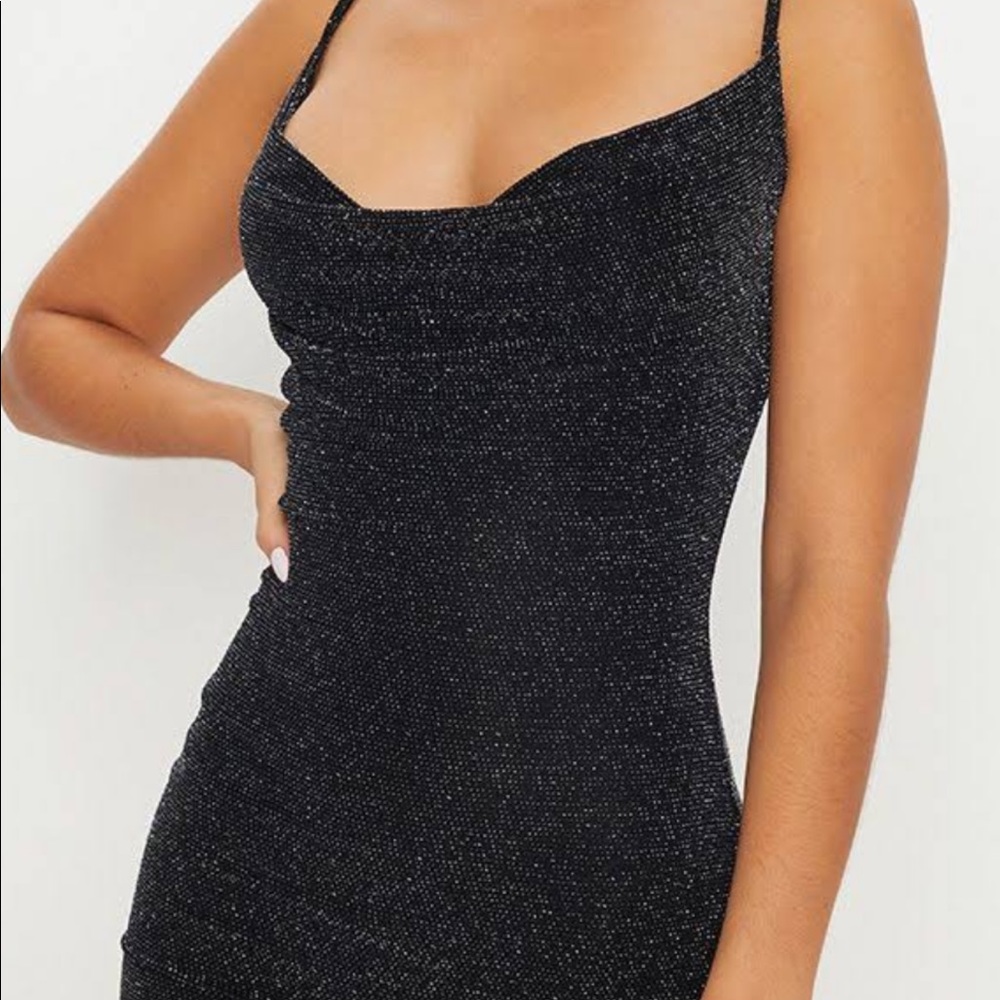 Black glitter cowl neck dress